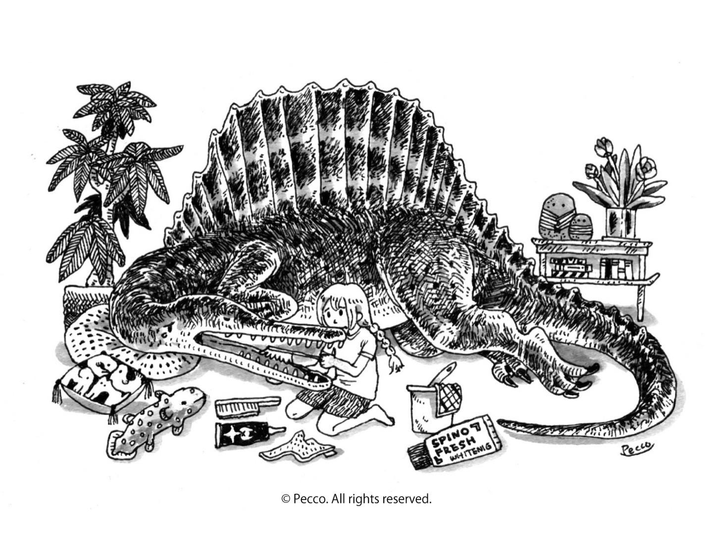 Pen and ink illustration of a person brushing the teeth of a reclining Spinosaurus