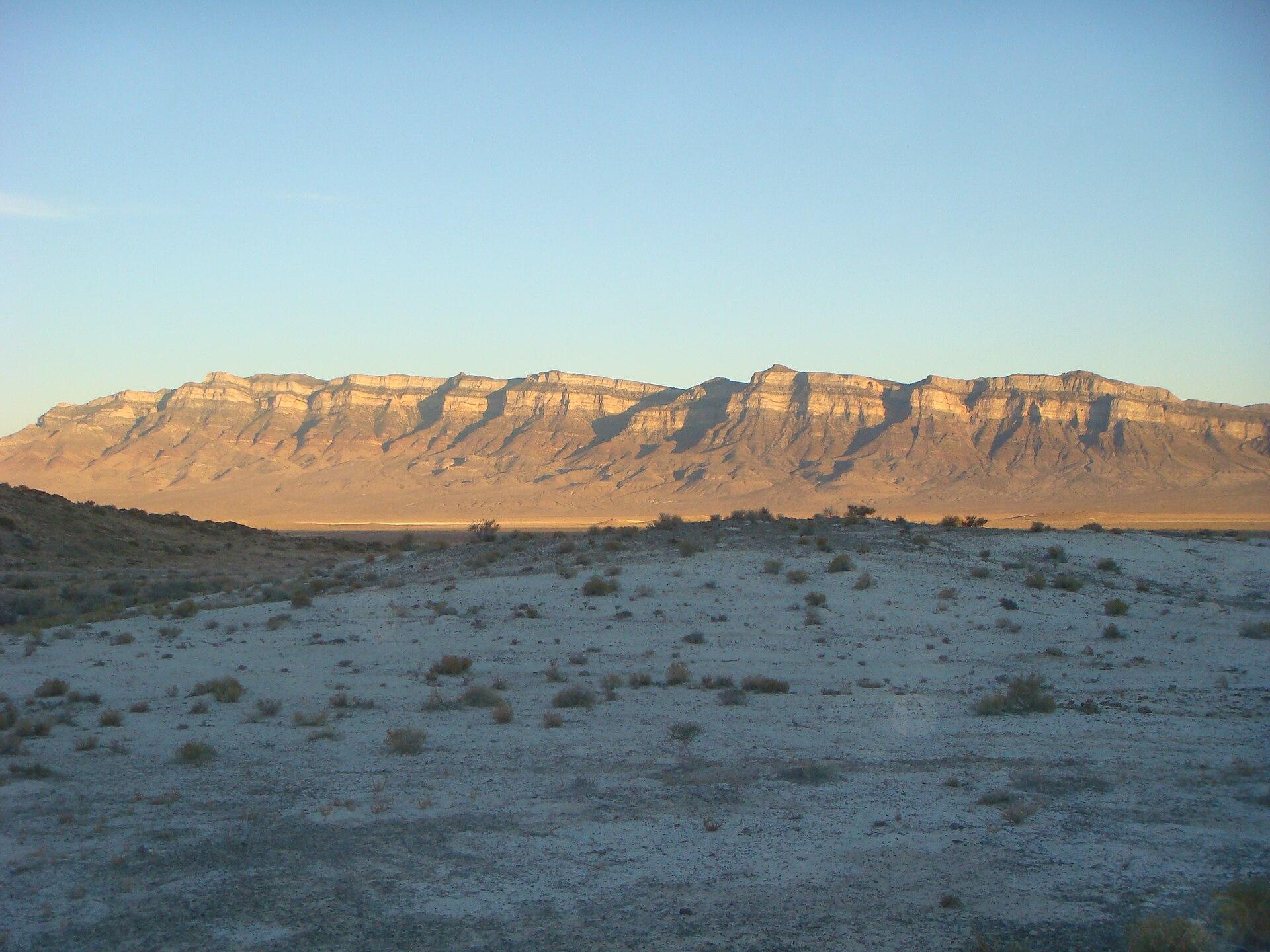 Layered Cambrian stratigraphy of the northern House Range at sunset, overlooking Tule Valley, Utah.