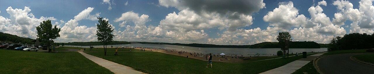 Wide open water and low wooded banks at East Fork Lake, Clermont County, Ohio.