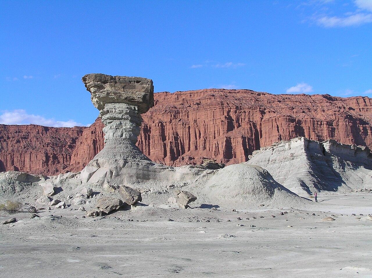 A mushroom-shaped sandstone hoodoo in the Valley of the Moon, San Juan Province, Argentina.