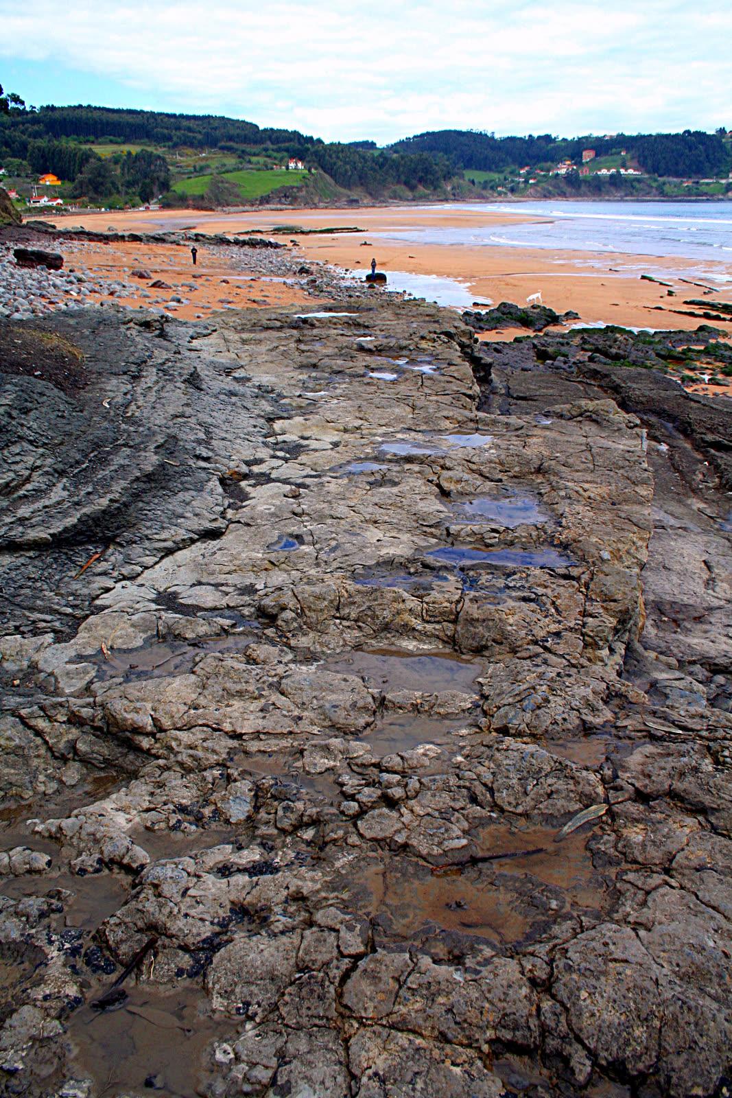 Grey limestone rock platform at the foot of a sandy beach, with a line of rain-filled hollows leading toward the bay and green hills behind.