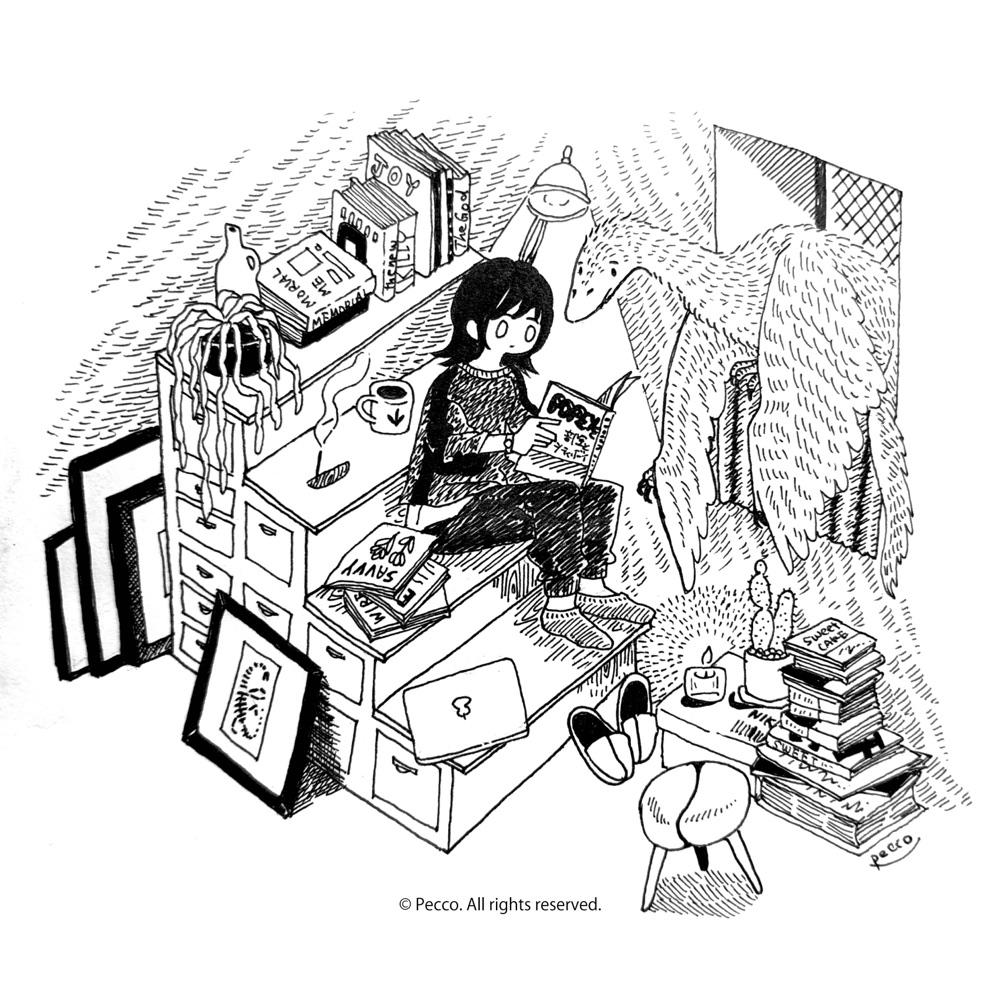 Pen and ink illustration of a person reading at a desk while an Archaeopteryx perches behind them