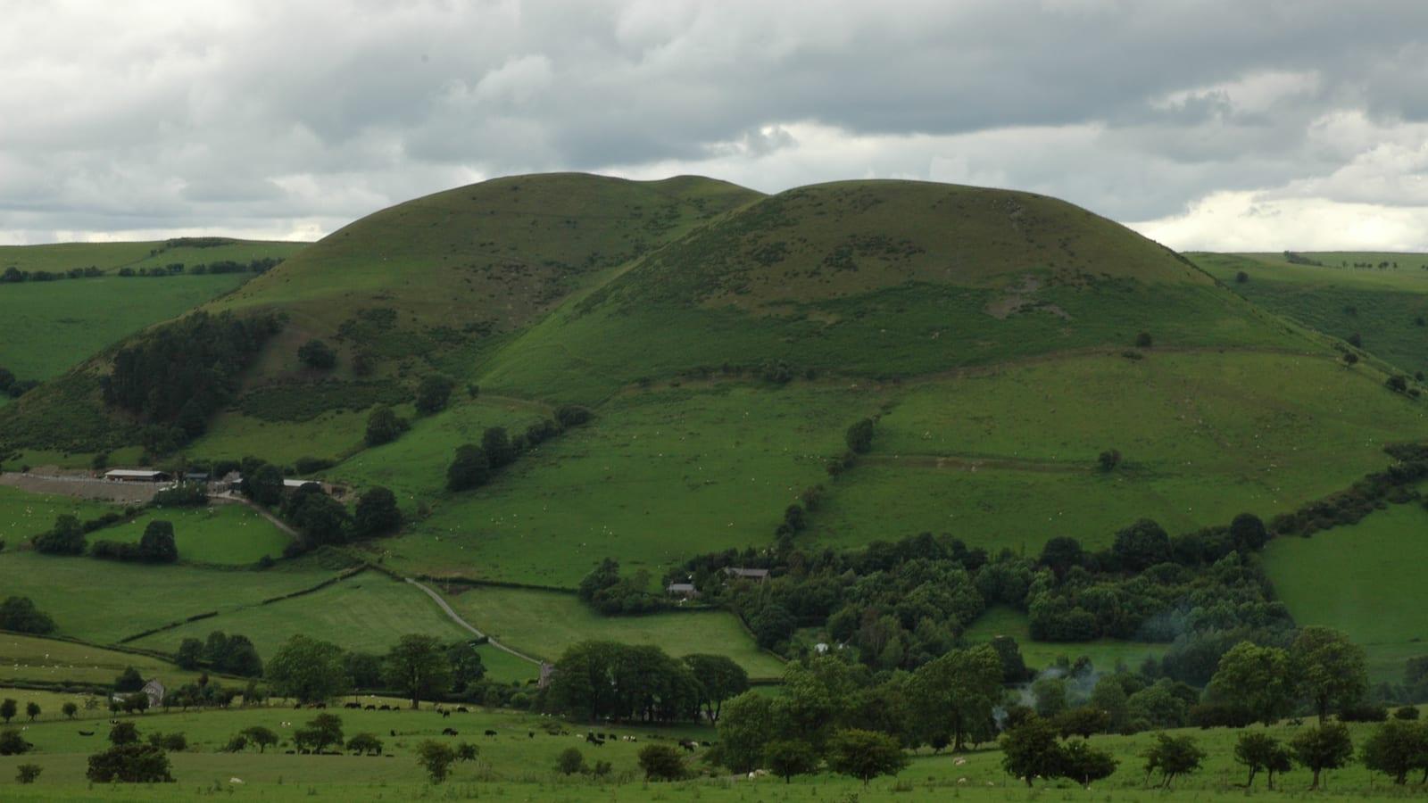 Twin rounded green hills above pastoral farmland with grazing livestock under cloudy skies in inland South Wales.