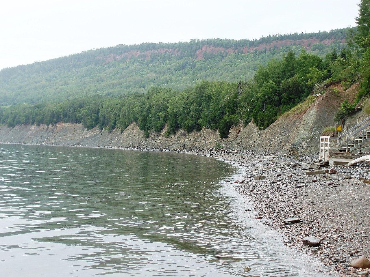 The layered Devonian cliff face above the shoreline at Miguasha National Park, Quebec.