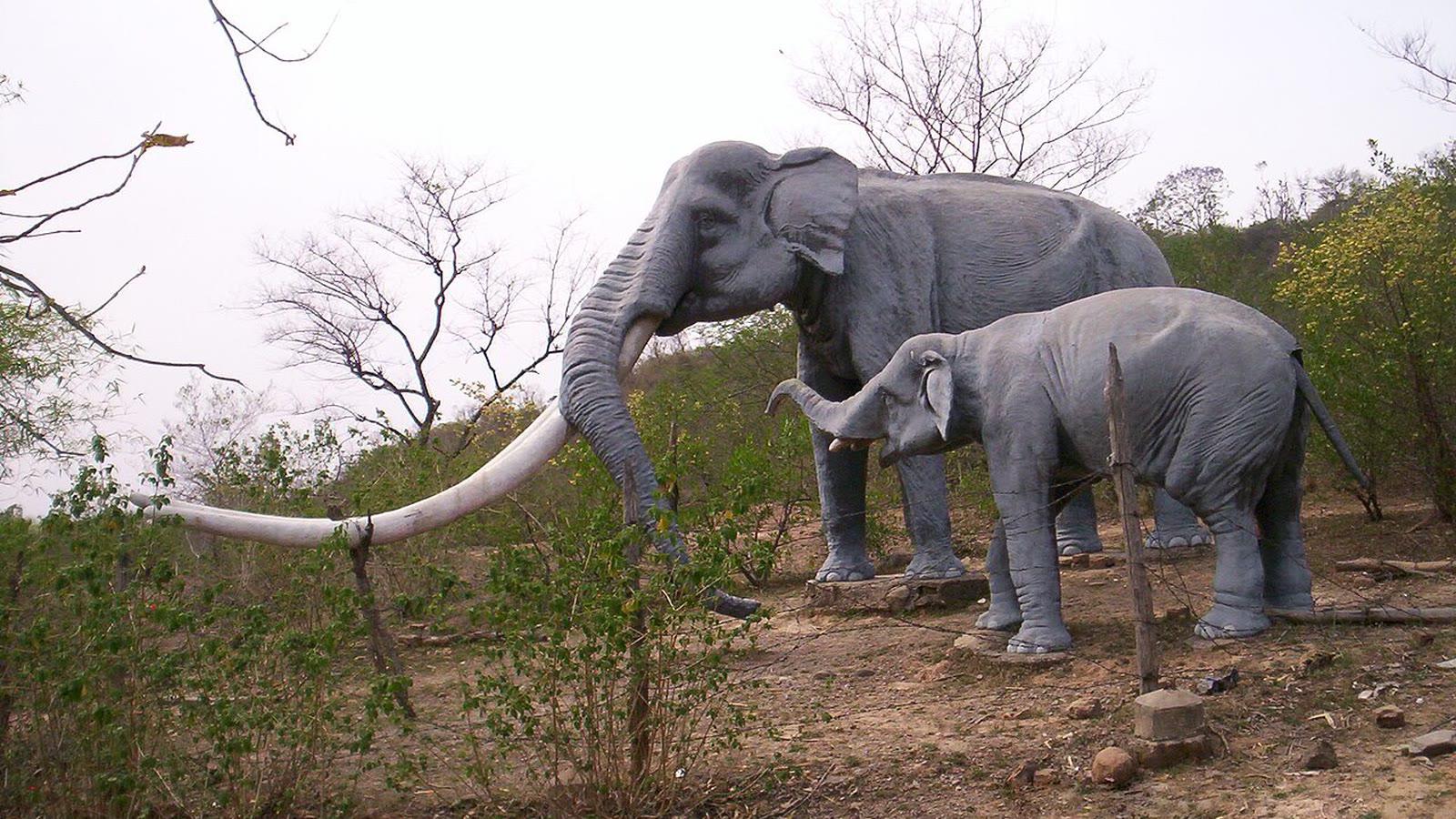 Life-size fibreglass models of extinct proboscideans with long tusks at Shivalik Fossil Park, Saketi