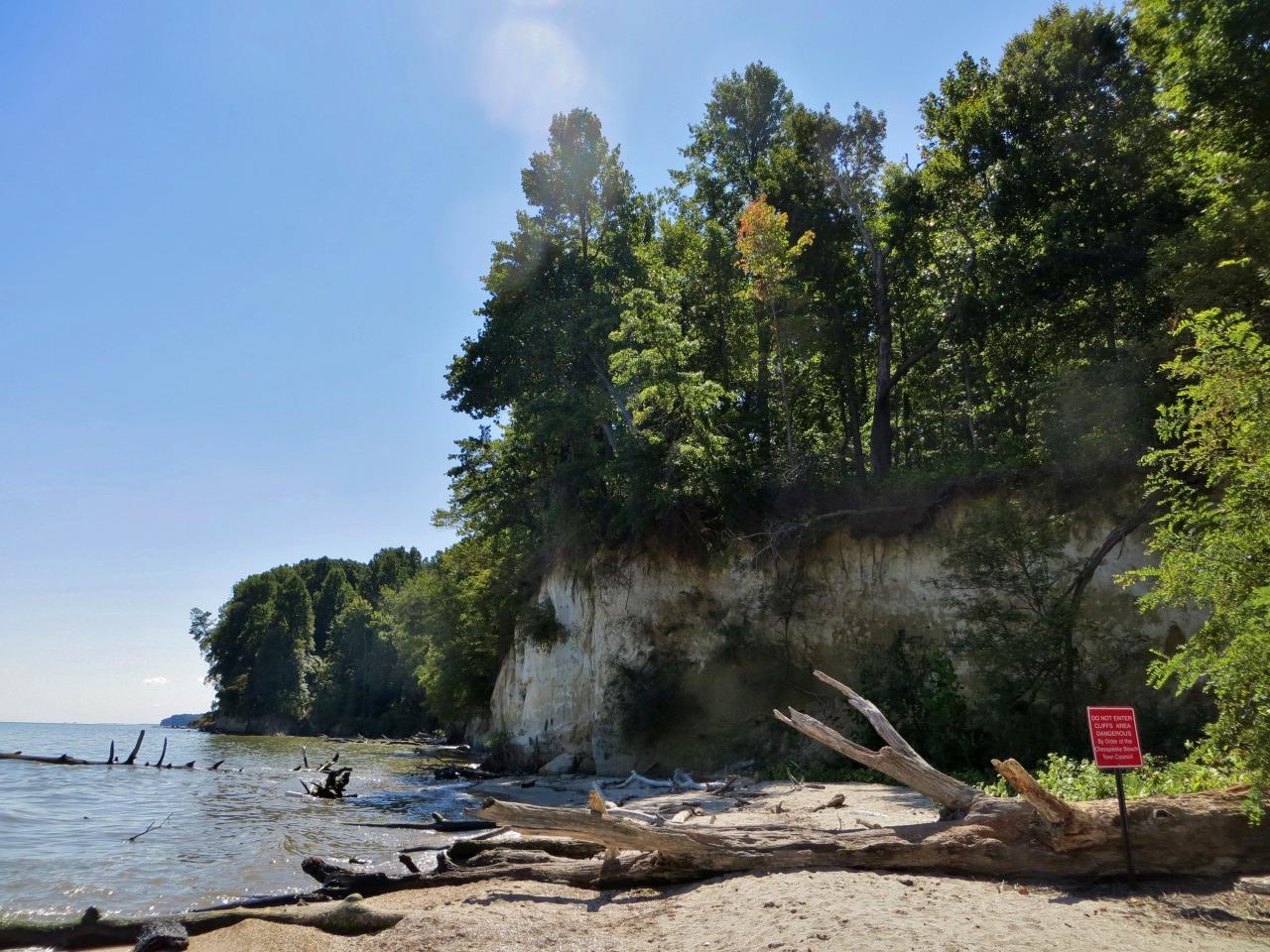 Sandy beach at the foot of low Miocene cliffs on the Chesapeake Bay at Bay Front Park, Chesapeake Beach, Maryland.