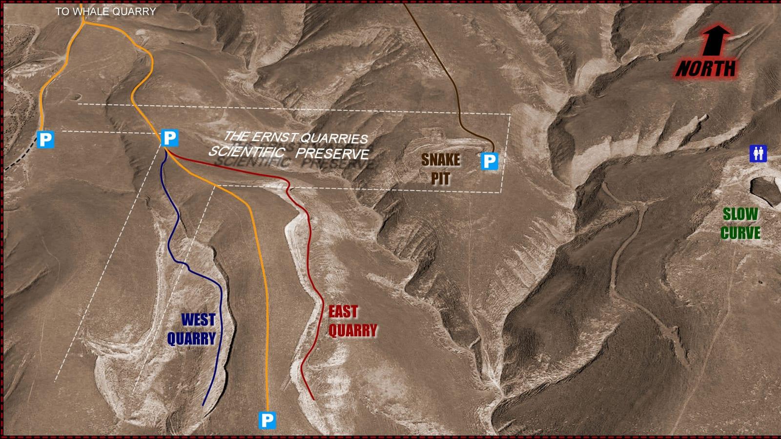 Annotated aerial map showing trails and quarry locations at the Ernst Quarries Scientific Preserve, California.