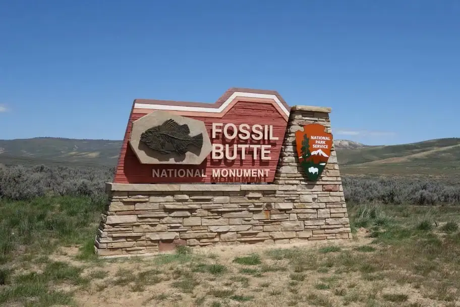 The flat-topped white-and-tan layered ridge of Fossil Butte rising from the sagebrush prairie of southwestern Wyoming.