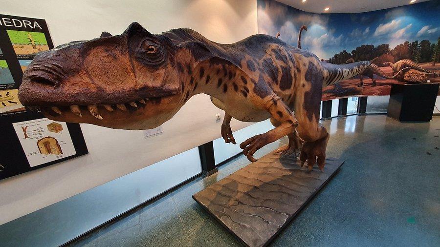 Life-size theropod dinosaur model with open mouth on a museum display platform at Salas de los Infantes, Burgos.