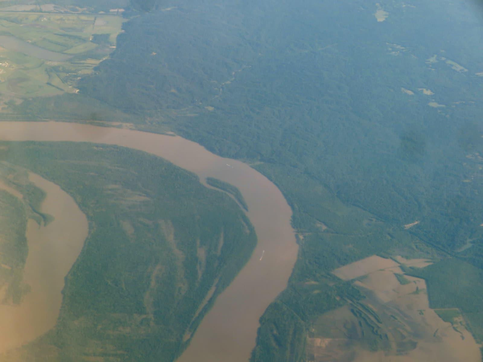 The Mississippi River winding past the loess bluffs of the Tunica Hills, Louisiana.