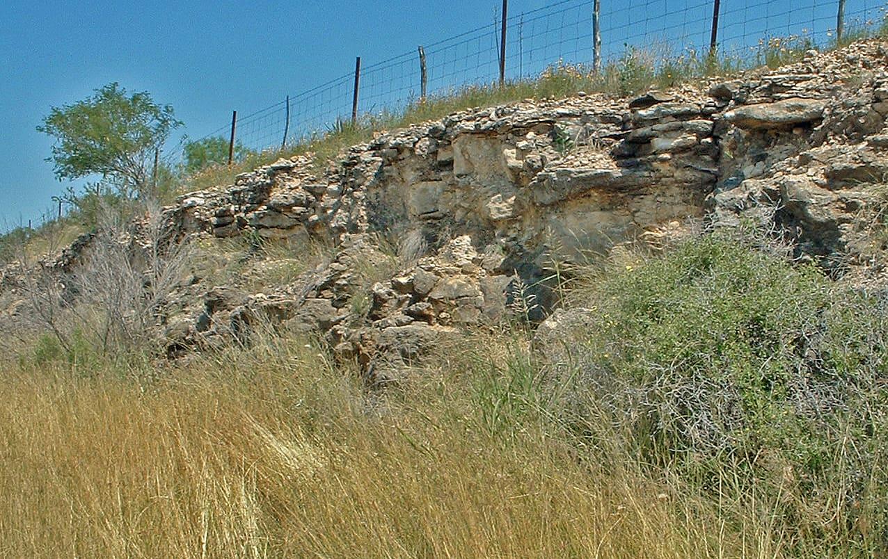 Layered chalk and marl beds of the Austin Chalk exposed in a highway roadcut in Uvalde County, Texas.