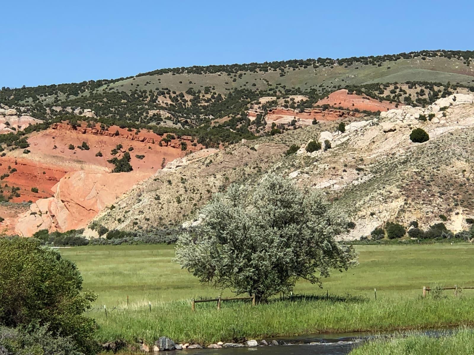 The red and buff sedimentary beds of Como Bluff, Wyoming, source of Jurassic Morrison Formation dinosaurs.