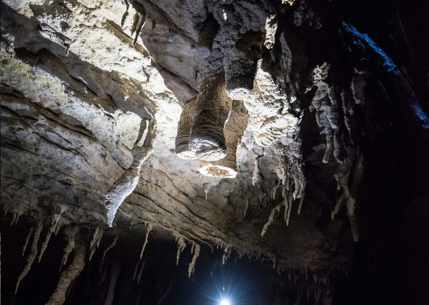 Limestone cave interior with stalactites overhead and a distant headlamp far below at Honeycomb Hill Caves, NZ.