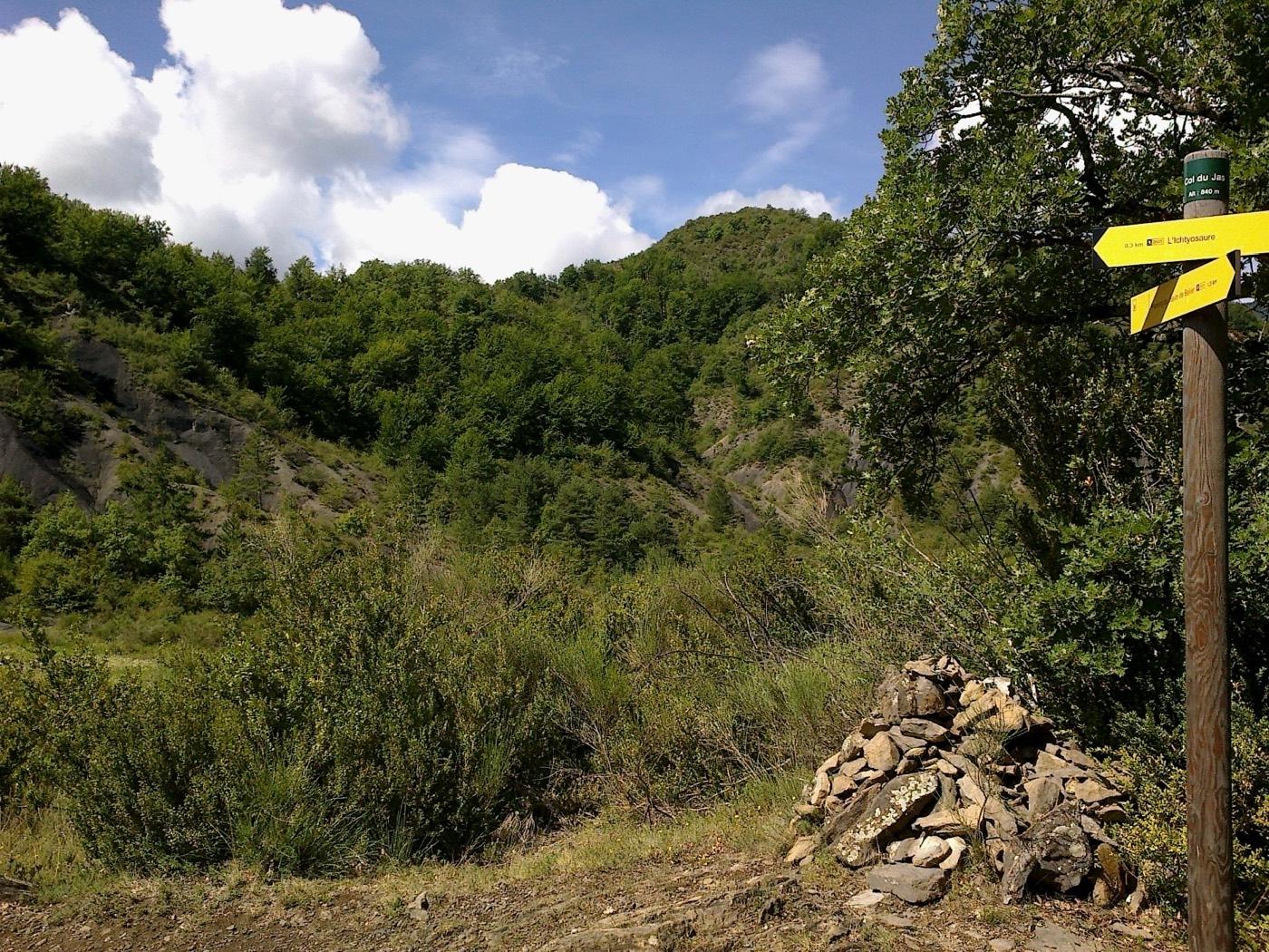 The waymarked approach to the ichthyosaur site above La Robine-sur-Galabre, signposted 0.3 km to the fossil