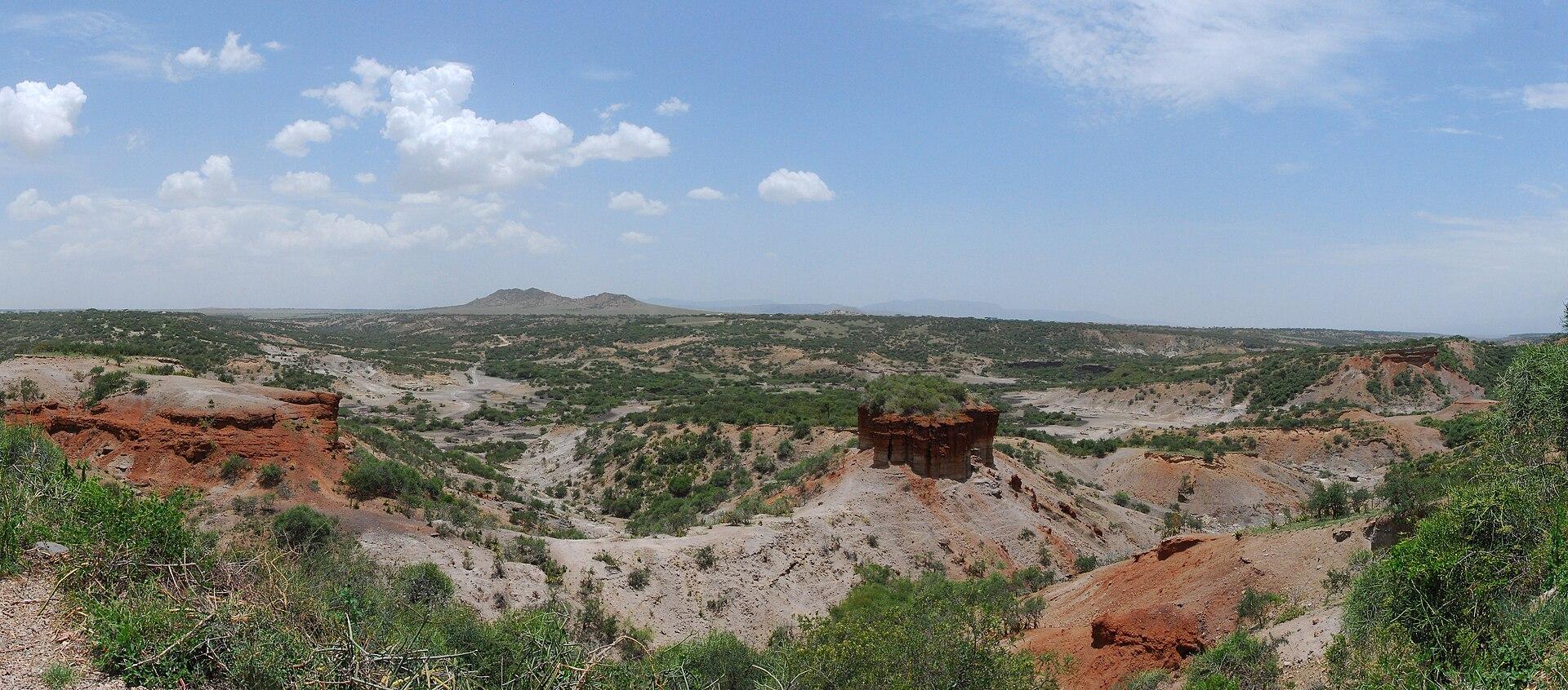 The steep layered sides of Olduvai Gorge cutting through the Serengeti plain in Tanzania