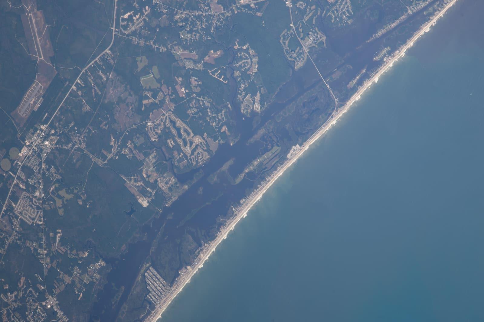 Aerial view of the barrier-island shoreline at North Topsail Beach, North Carolina.