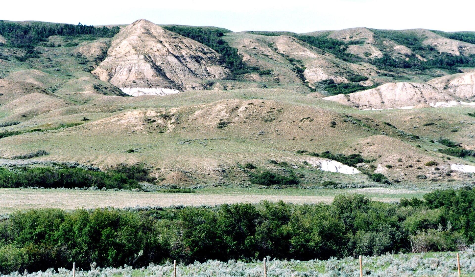 Layered Cretaceous and Palaeogene strata exposed in the butte across the Frenchman River valley near Eastend