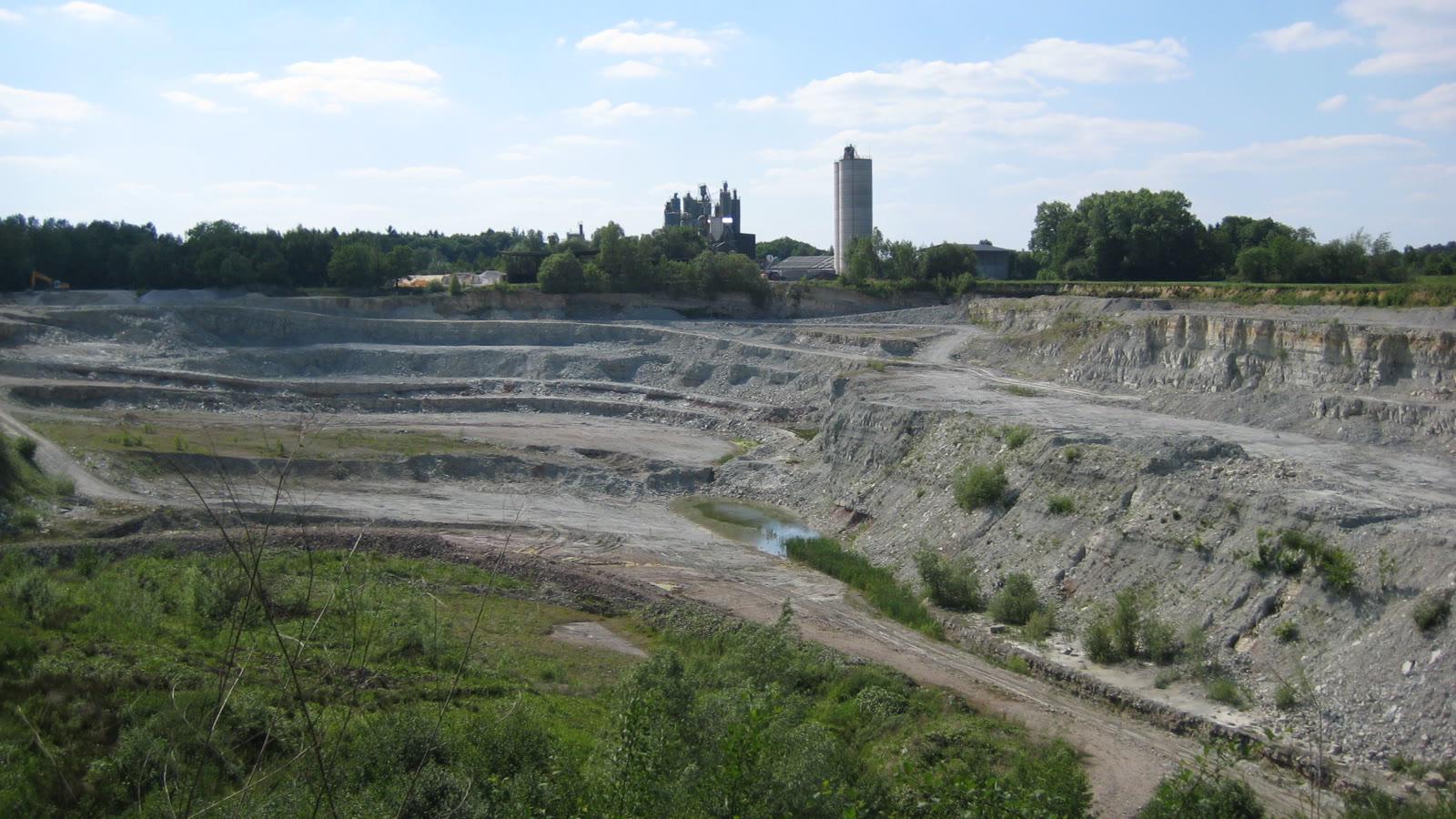 The stepped grey benches and pale floor of the working limestone quarry at Winterswijk