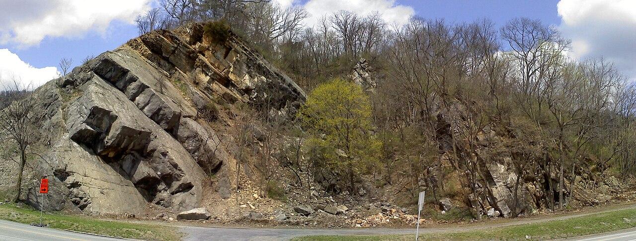Tightly folded limestone beds exposed across the face of a roadcut at Corriganville, Pennsylvania