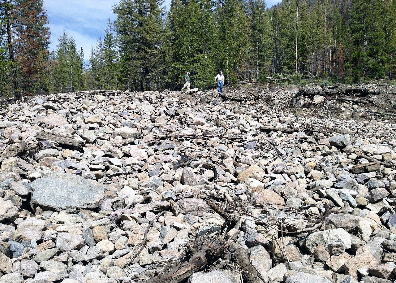 Loose rock and sediment left by a debris flow across a burned hillside in central Idaho