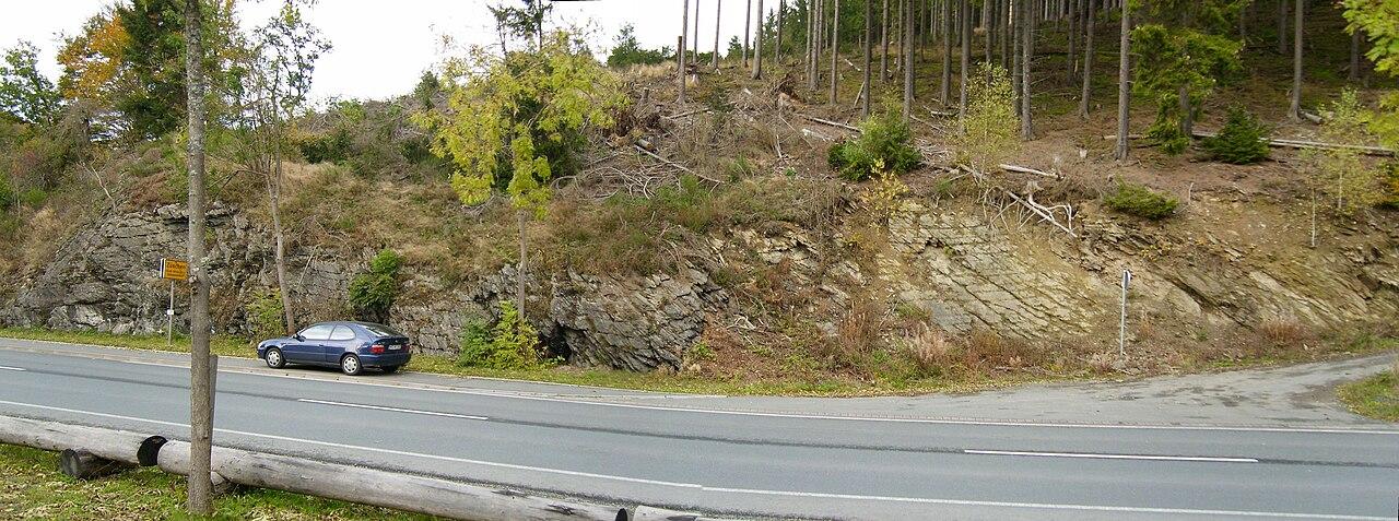 Banded Devonian shales exposed in a roadside outcrop near Zuschen, Germany