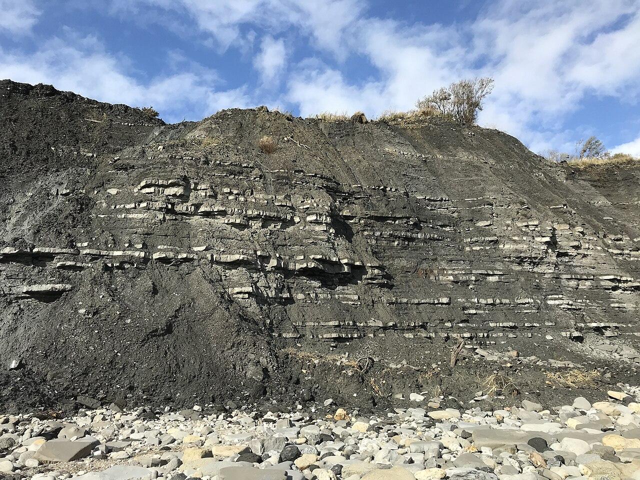 Dark shale cliffs above a boulder-strewn foreshore at Lyme Regis under a bright sky
