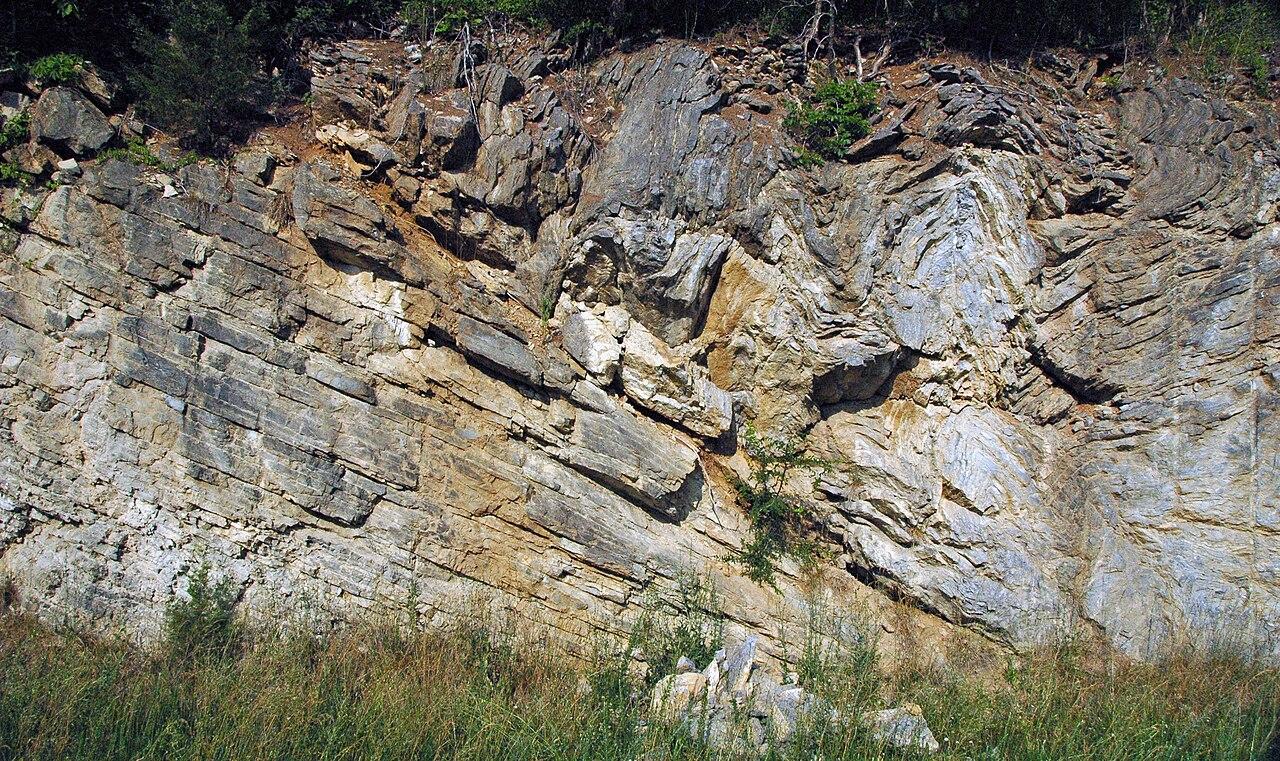 The prominent linear feature from upper left to lower right is the Copper Creek Thrust Fault in Tennessee