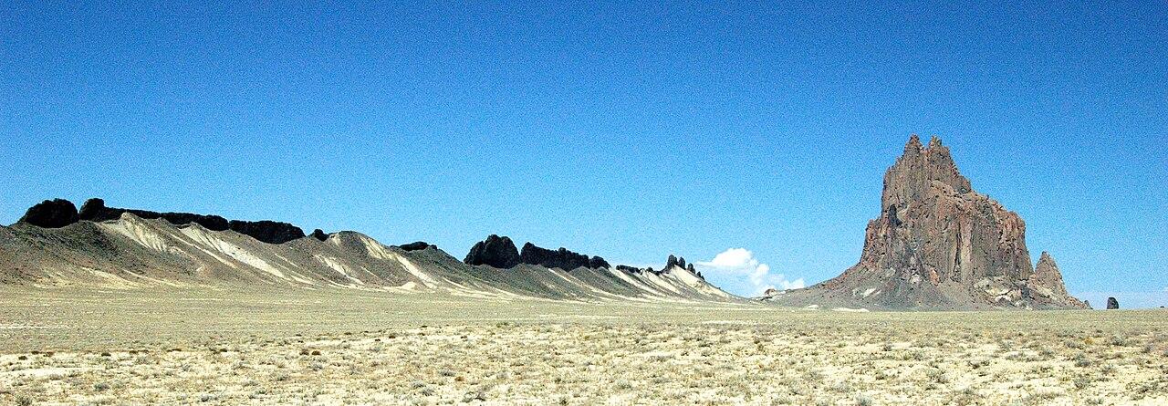 Ship Rock volcanic neck (diatreme) in New Mexico (looking northwest) - the mountain consists of minettes and volcanic breccias