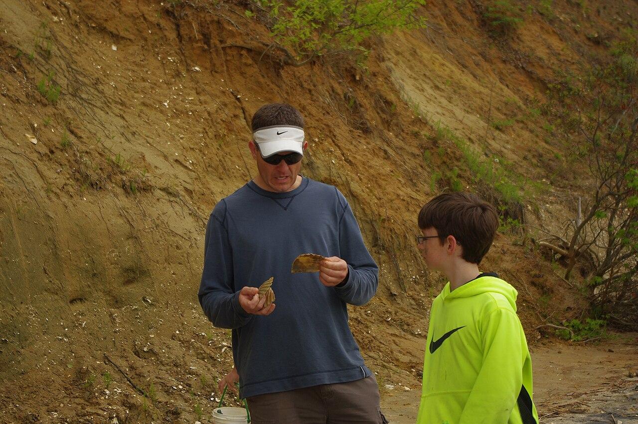 A man and a boy examining a fossil they have just picked up at the foot of an eroding cliff
