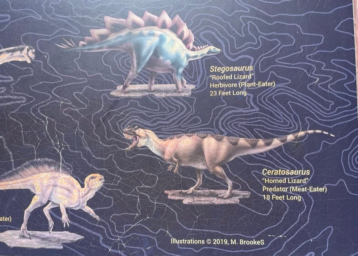 Detail of the same panel showing the Stegosaurus, Ceratosaurus and Fruitadens illustrations, with fine cracking across the panel surface.