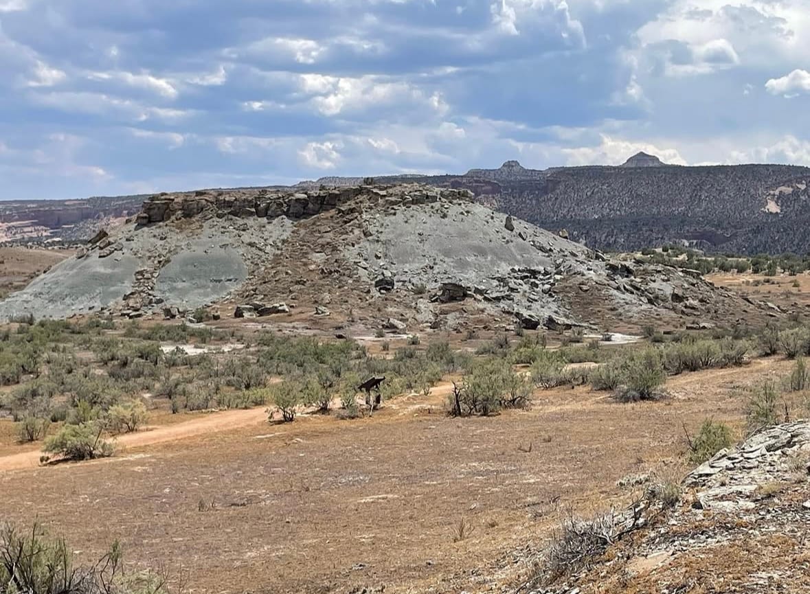 Grey-green Morrison Formation hill capped with resistant sandstone at the Fruita Paleontological Area, with the canyon rim behind.