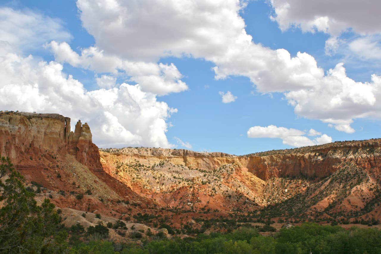 Red sandstone cliffs at Ghost Ranch, New Mexico, near the Coelophysis quarry.