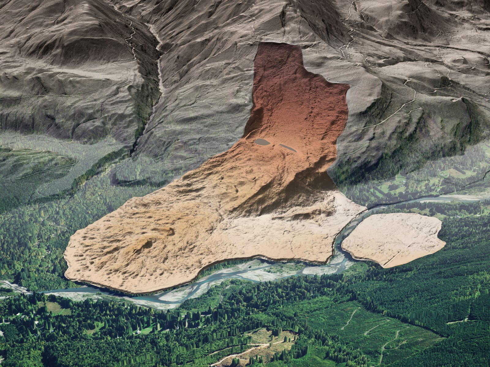 The prehistoric landslide near the confluence of Racehorse Creek in Whatcom County, Washington.