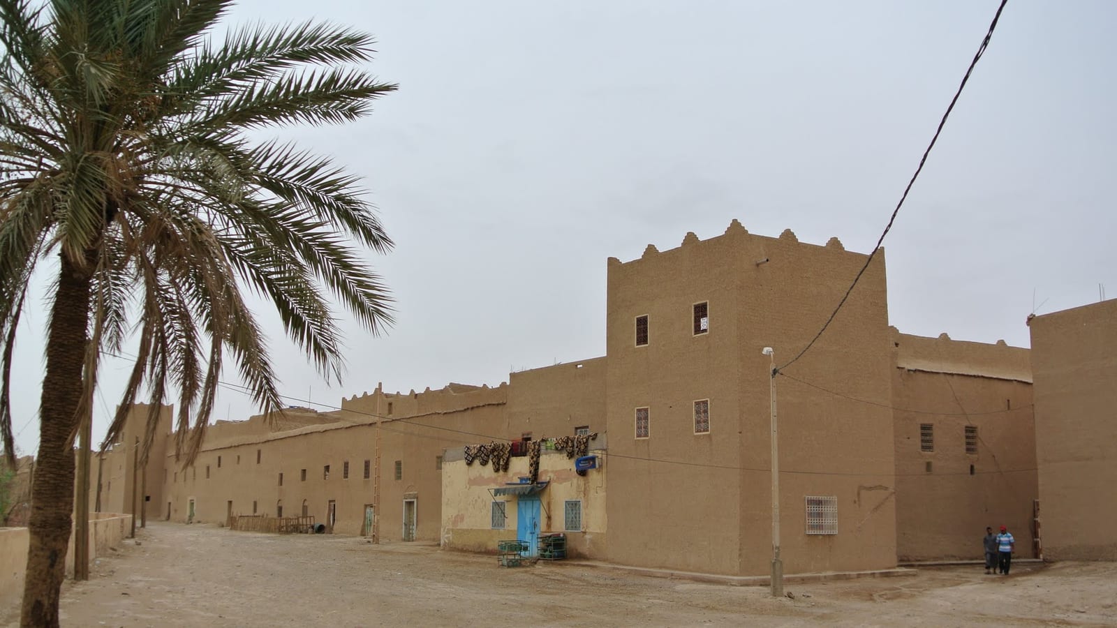 Mud-brick desert village with adobe buildings and a palm tree on the outskirts of Rissani, eastern Morocco.